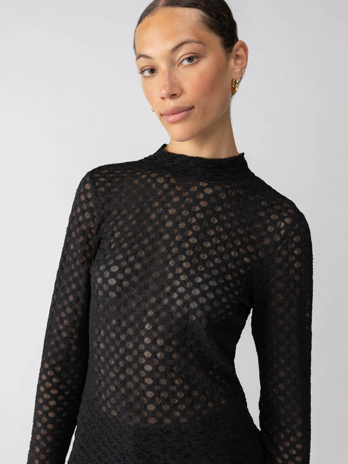 Long Sleeve Lace Mock Neck Top Black