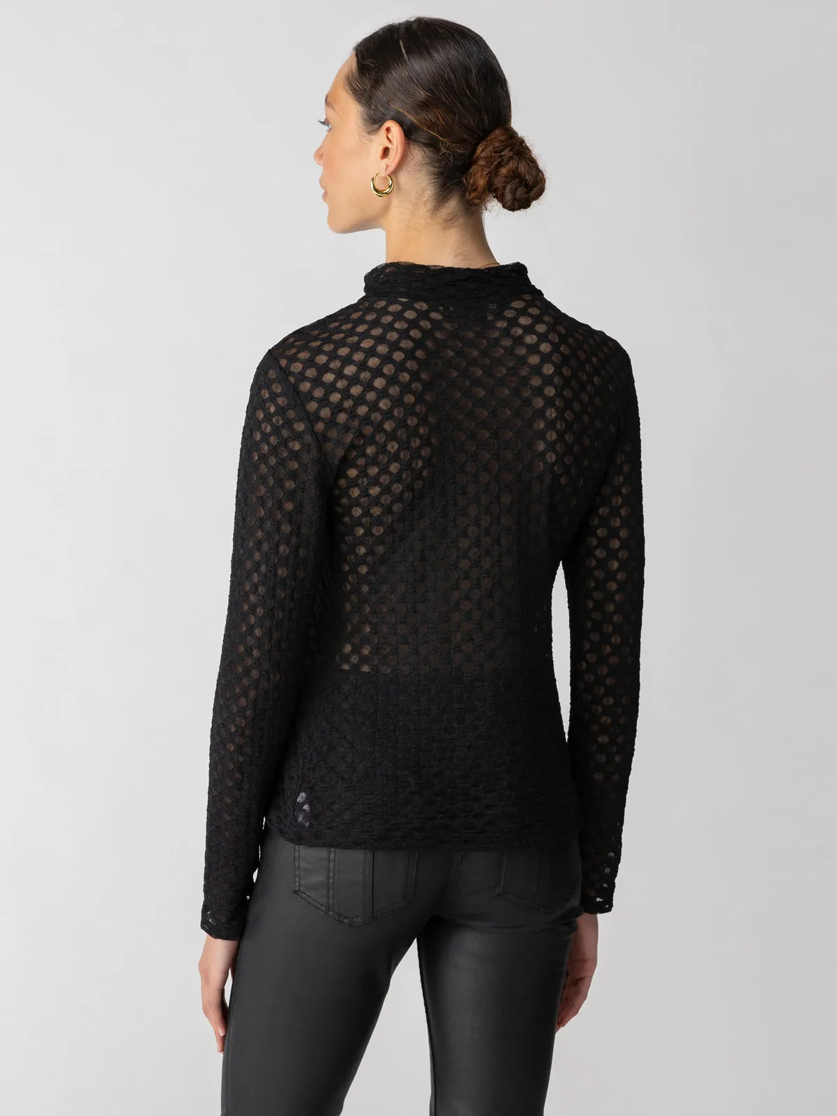 Long Sleeve Lace Mock Neck Top Black