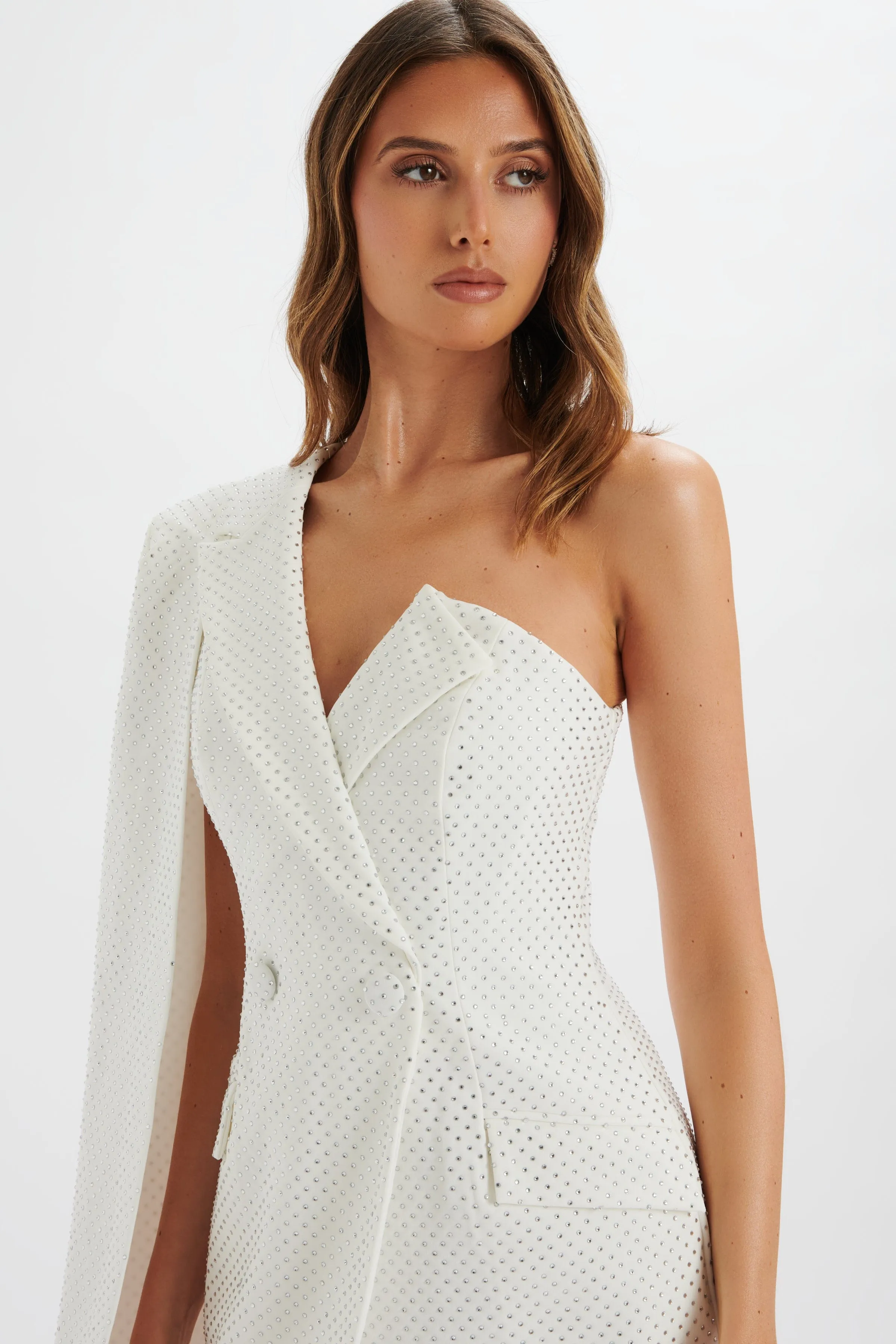 MARCY Crystal Embellished One Shoulder Cape Blazer Dress in White