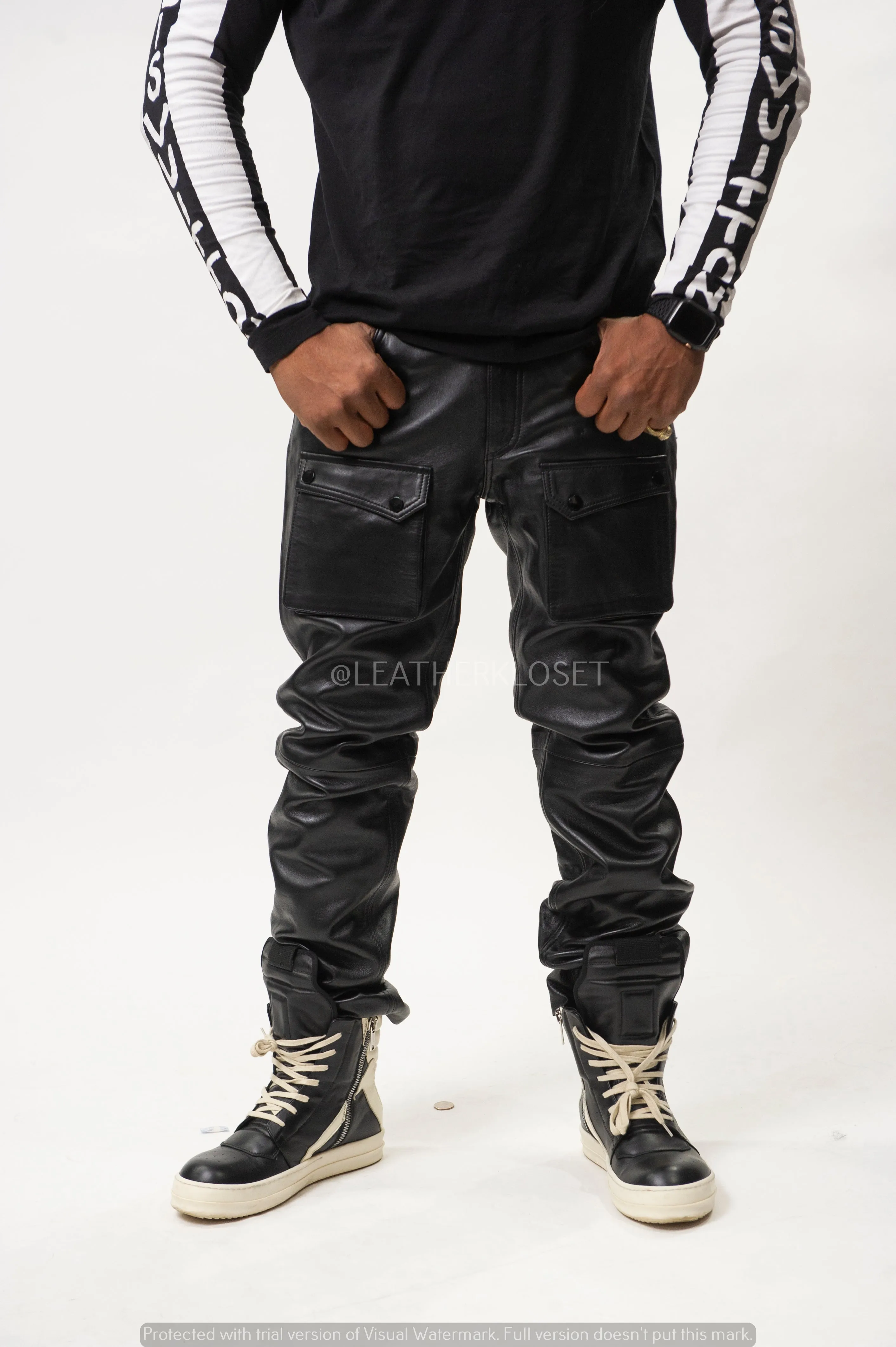 Men's Leather Cargo Jean Pants [Black]