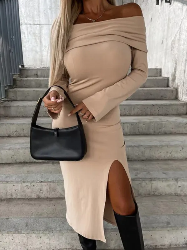 Momnfancy Solid Off Shoulder Slit Bodycon Baby Shower Maternity Midi Dress