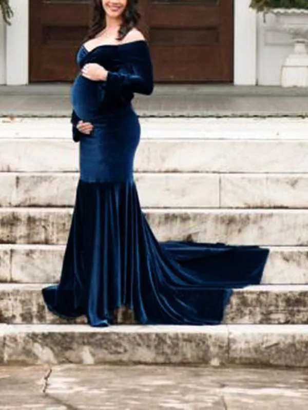 Momnfancy Velvet Off Shoulder Bodycon Mermaid Babyshower Maternity Maxi Dress