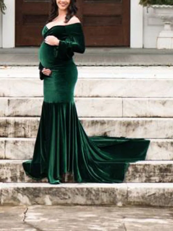 Momnfancy Velvet Off Shoulder Bodycon Mermaid Babyshower Maternity Maxi Dress