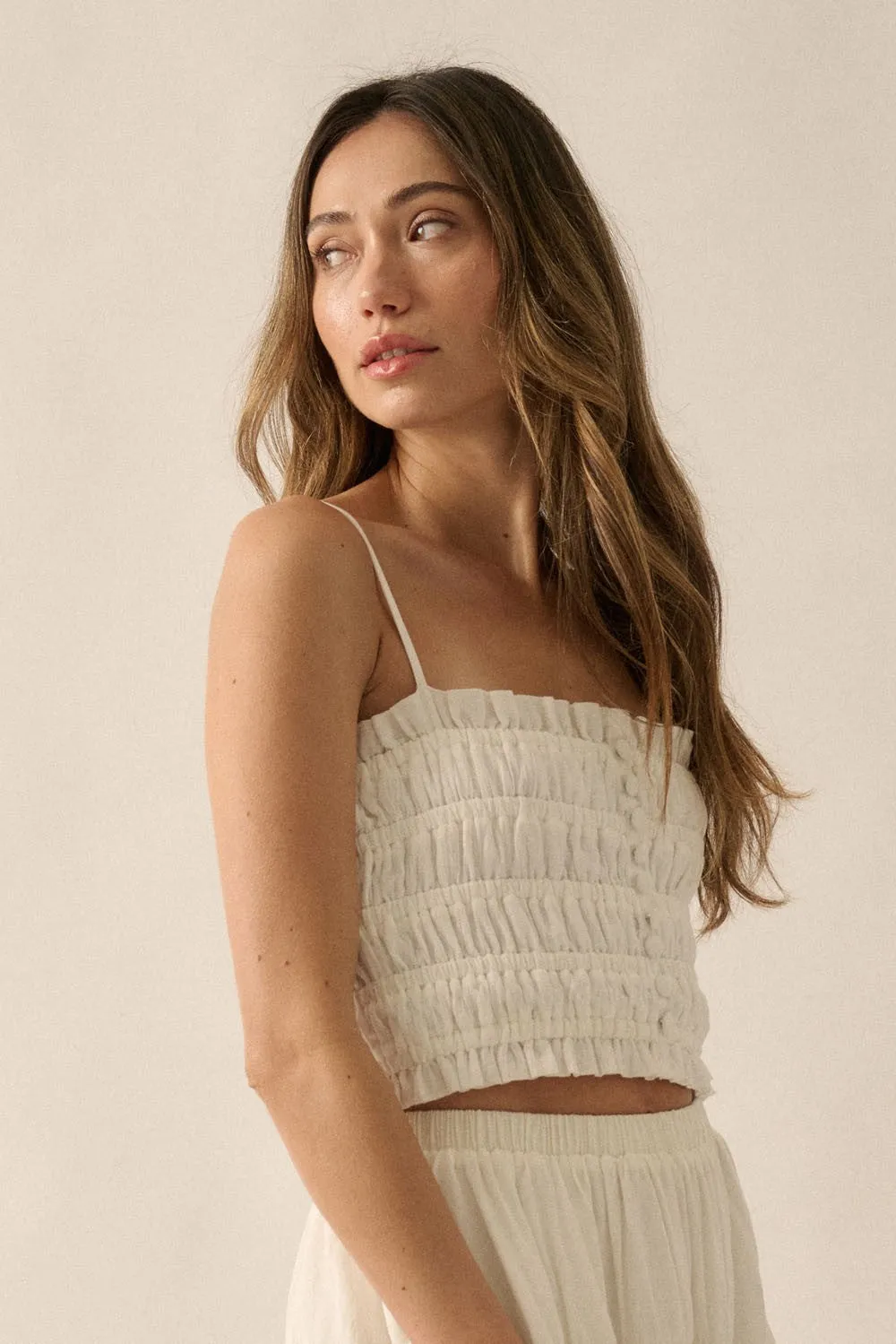 Off White Solid Smocked-Bodice Cropped Cami Top