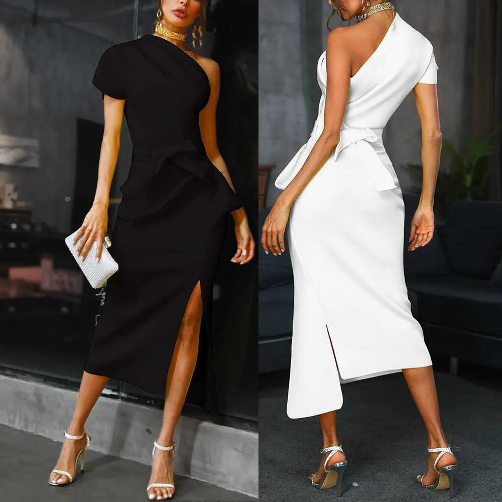 One Shoulder Off Ruffle Hem Midi Dress With Slit