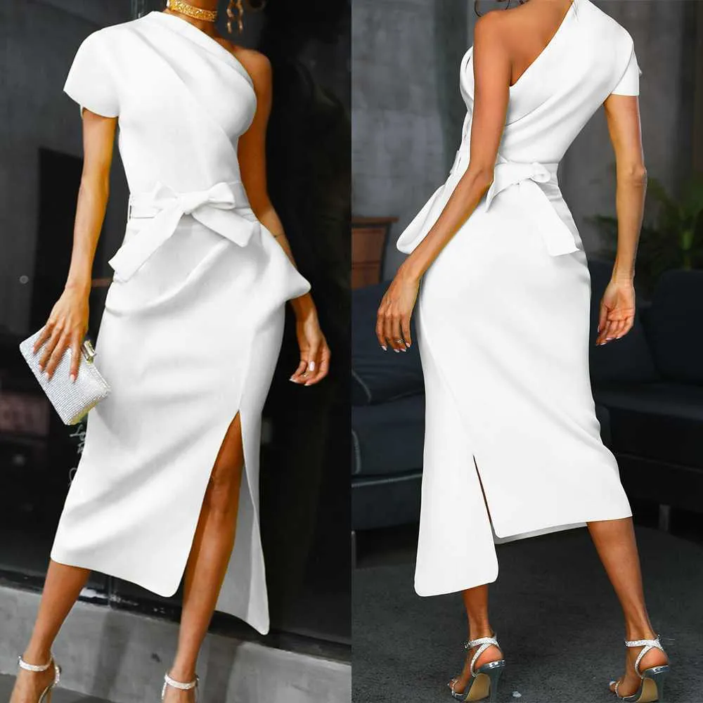 One Shoulder Off Ruffle Hem Midi Dress With Slit