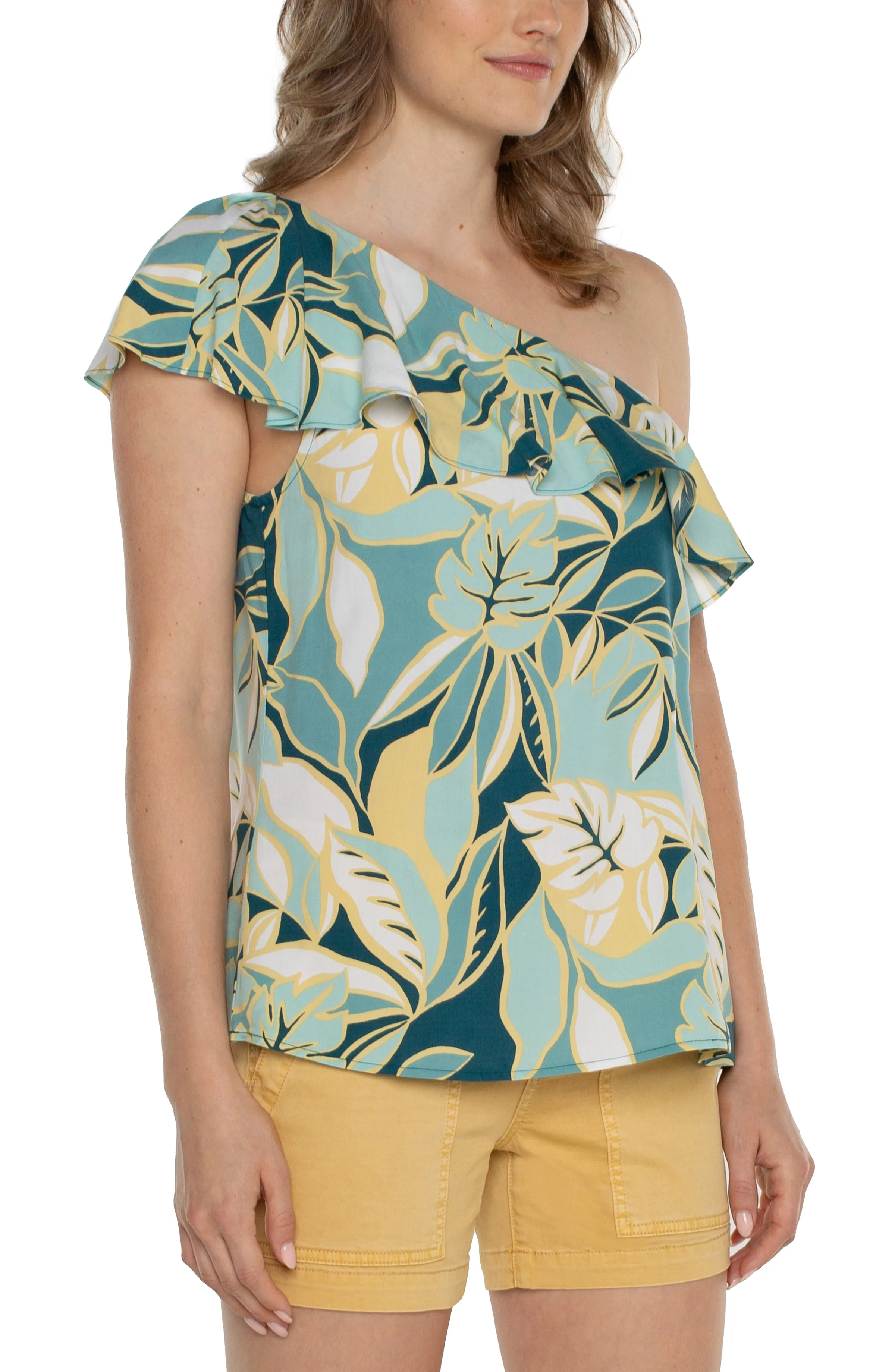 ONE SHOULDER RUFFLE PRINTED WOVEN TOP