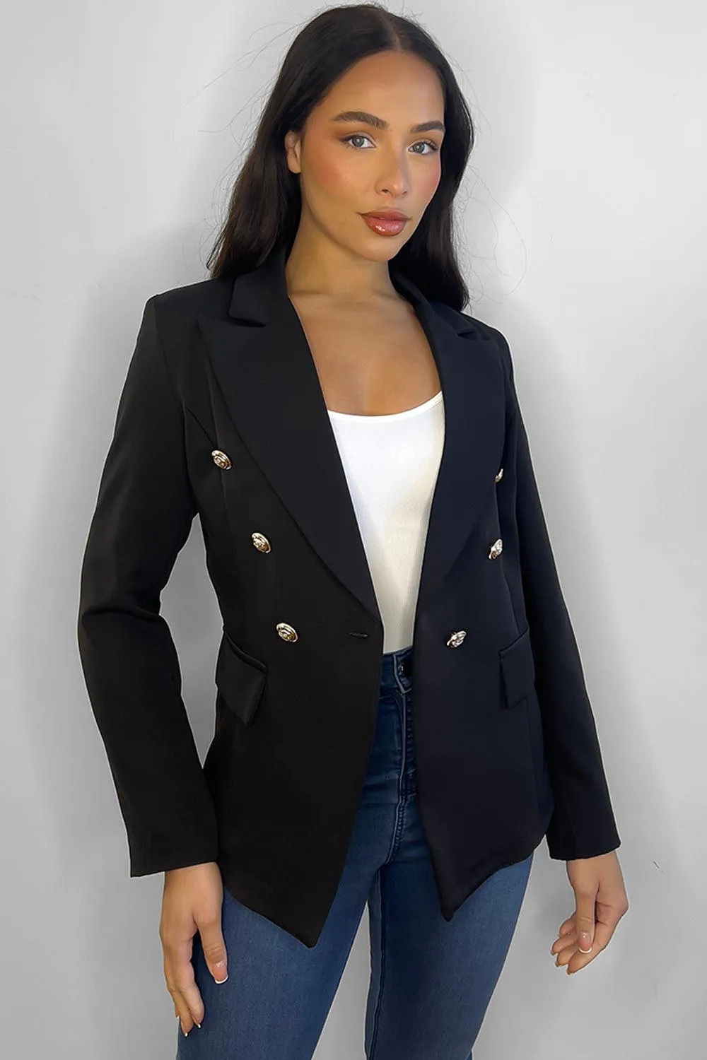 Peaked Lapels Gold Military Buttons Blazer