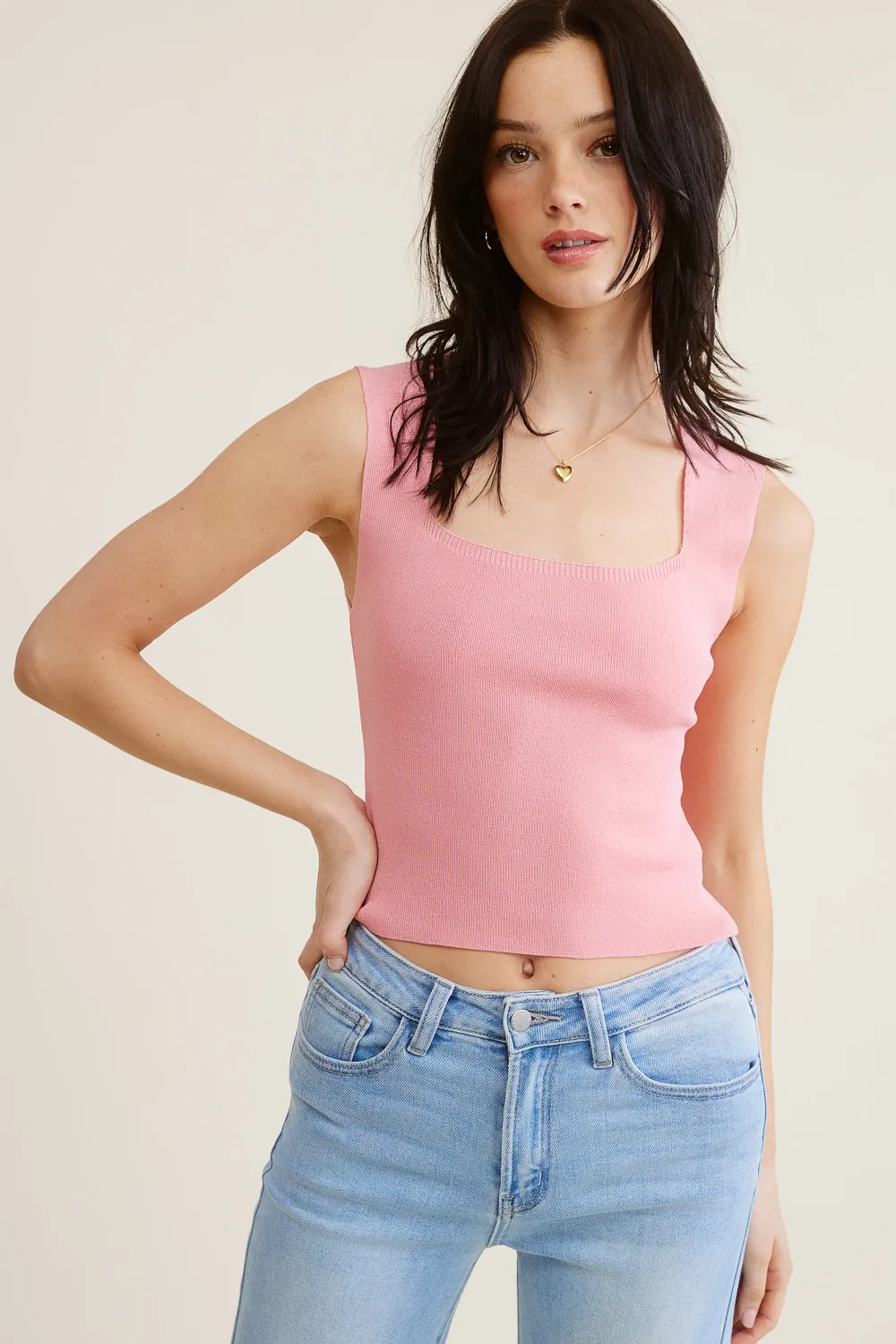 Pink Square Neck Tank Top