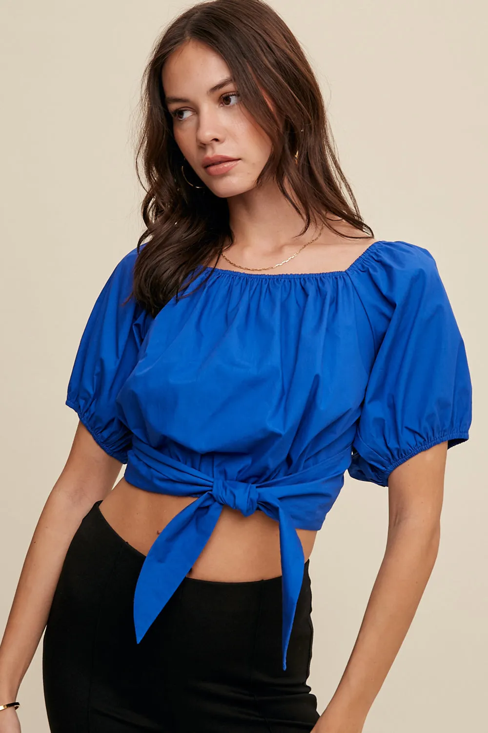 Puff Sleeve Back Tie Crop Top