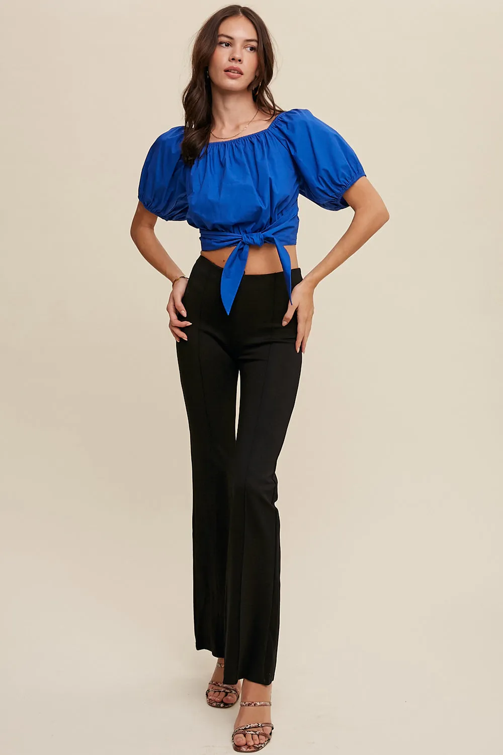 Puff Sleeve Back Tie Crop Top