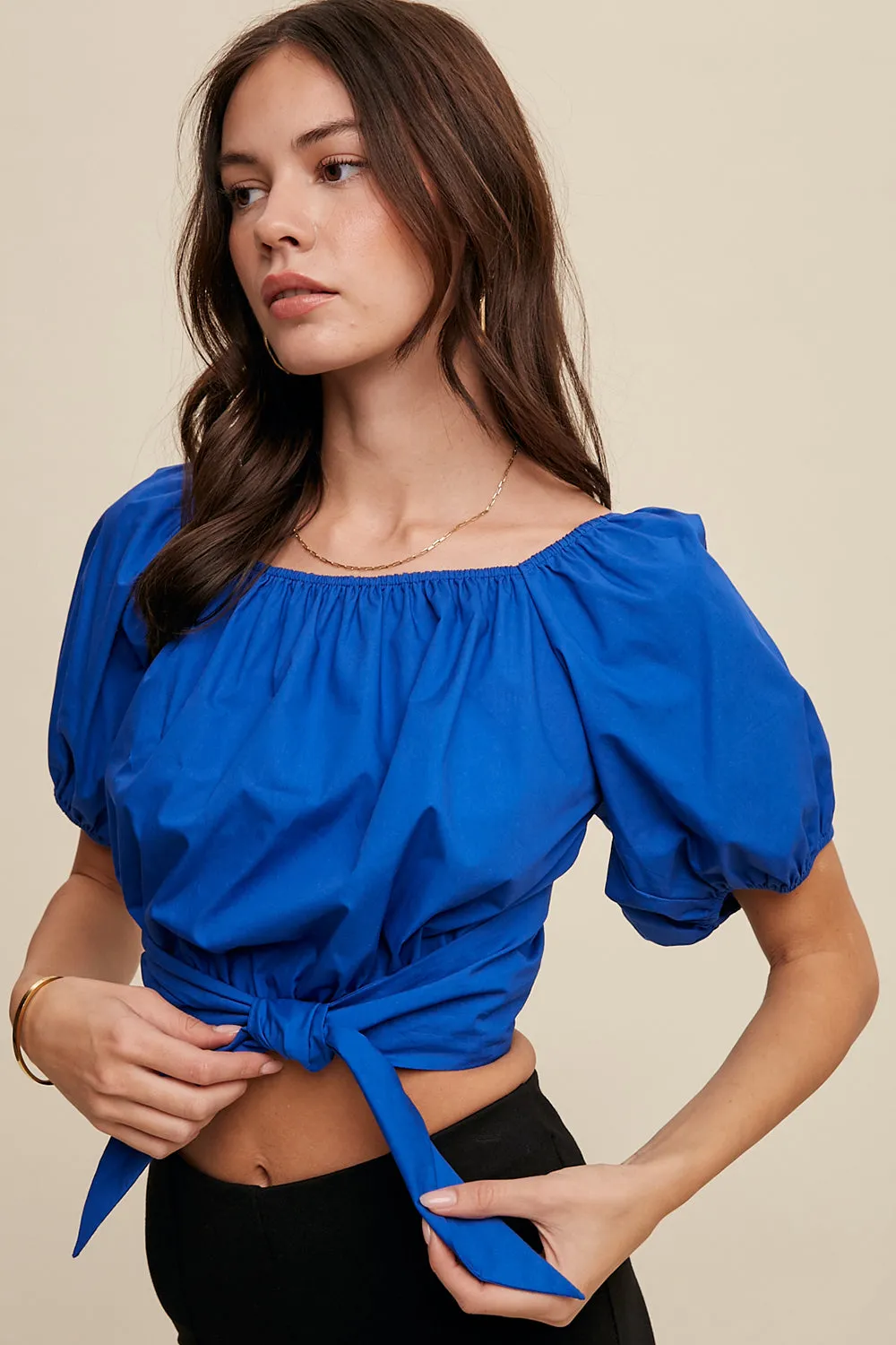 Puff Sleeve Back Tie Crop Top