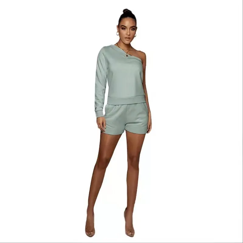 Pullover off-shoulder  Women's Long-Sleeved Sweatshirt Set