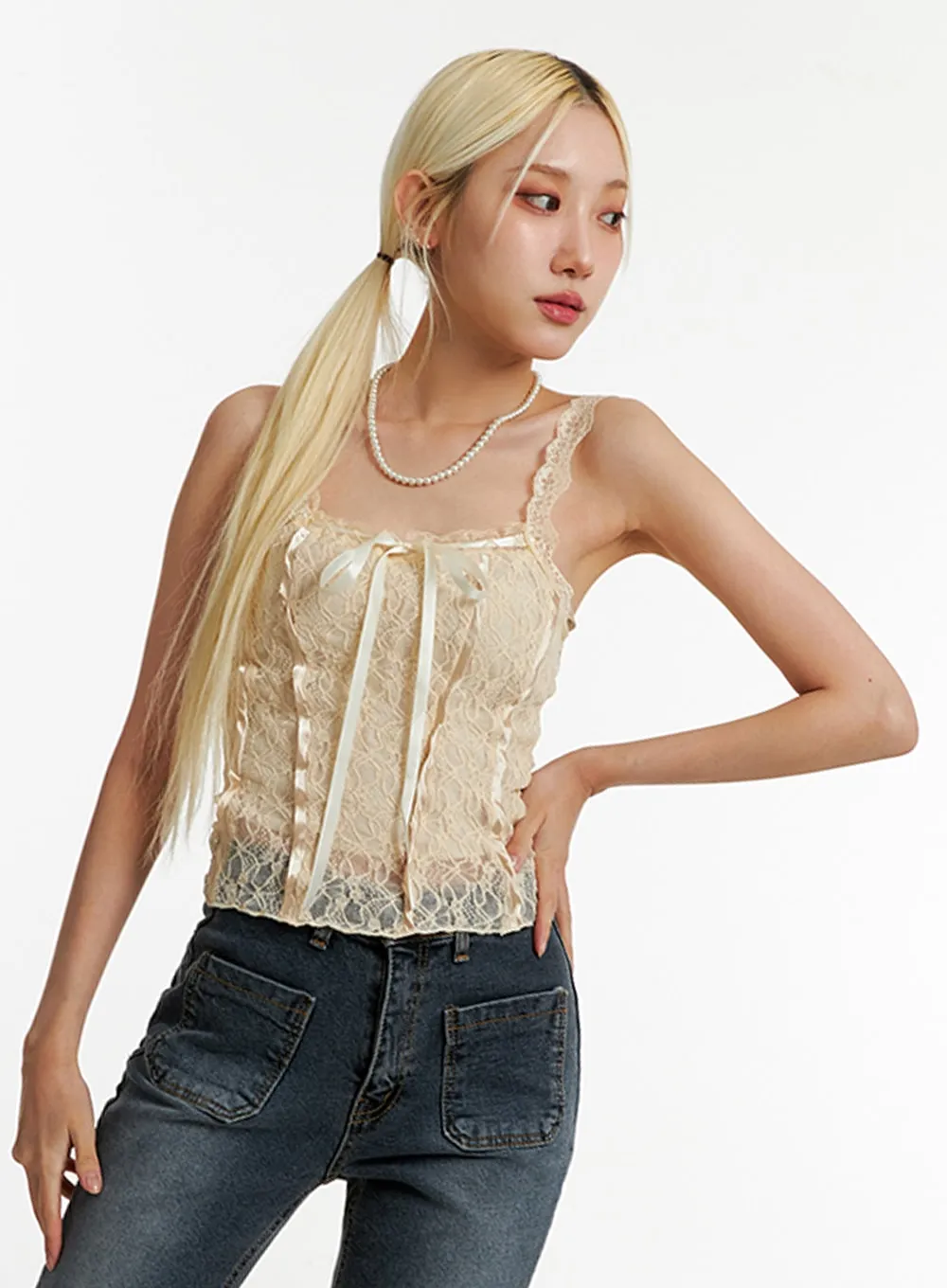 Ribbon Lace Crop Sleeveless Top ID315