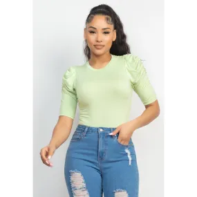 Round Neck Puff Ruched Sleeve Top