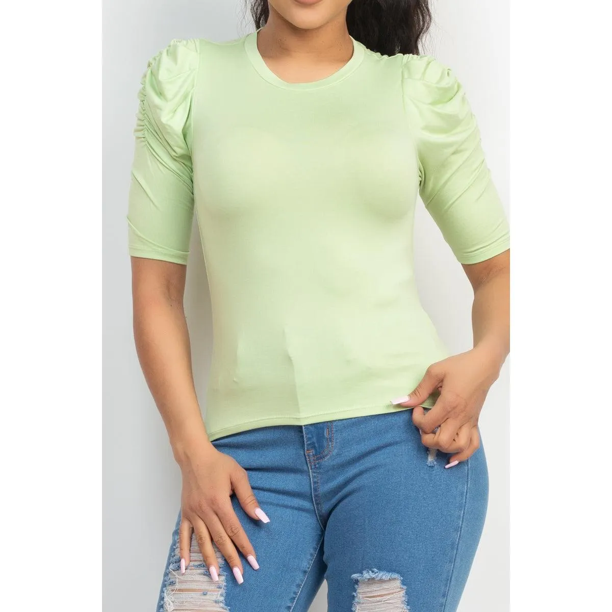 Round Neck Puff Ruched Sleeve Top