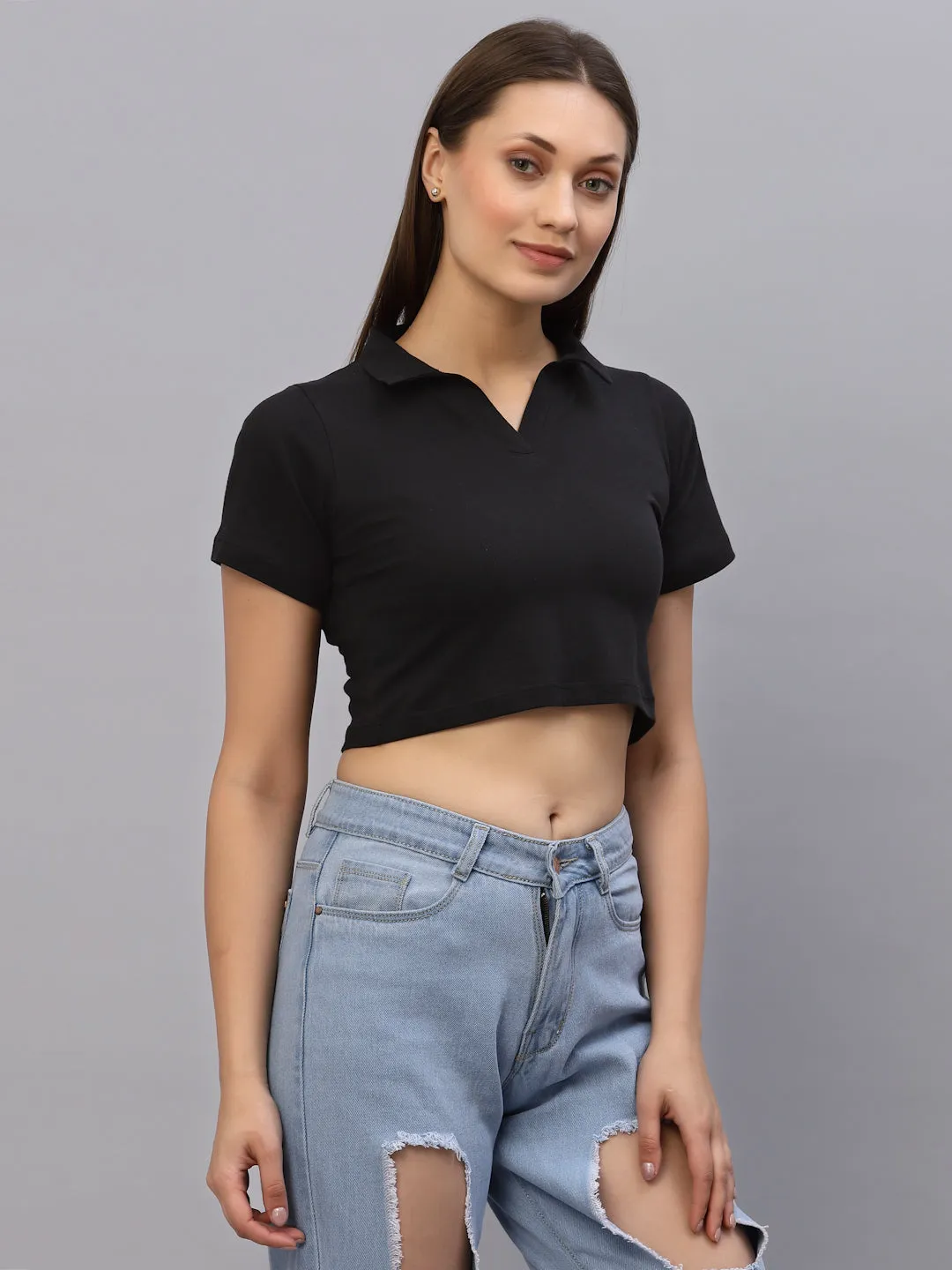 Self Texture Collared Crop Top