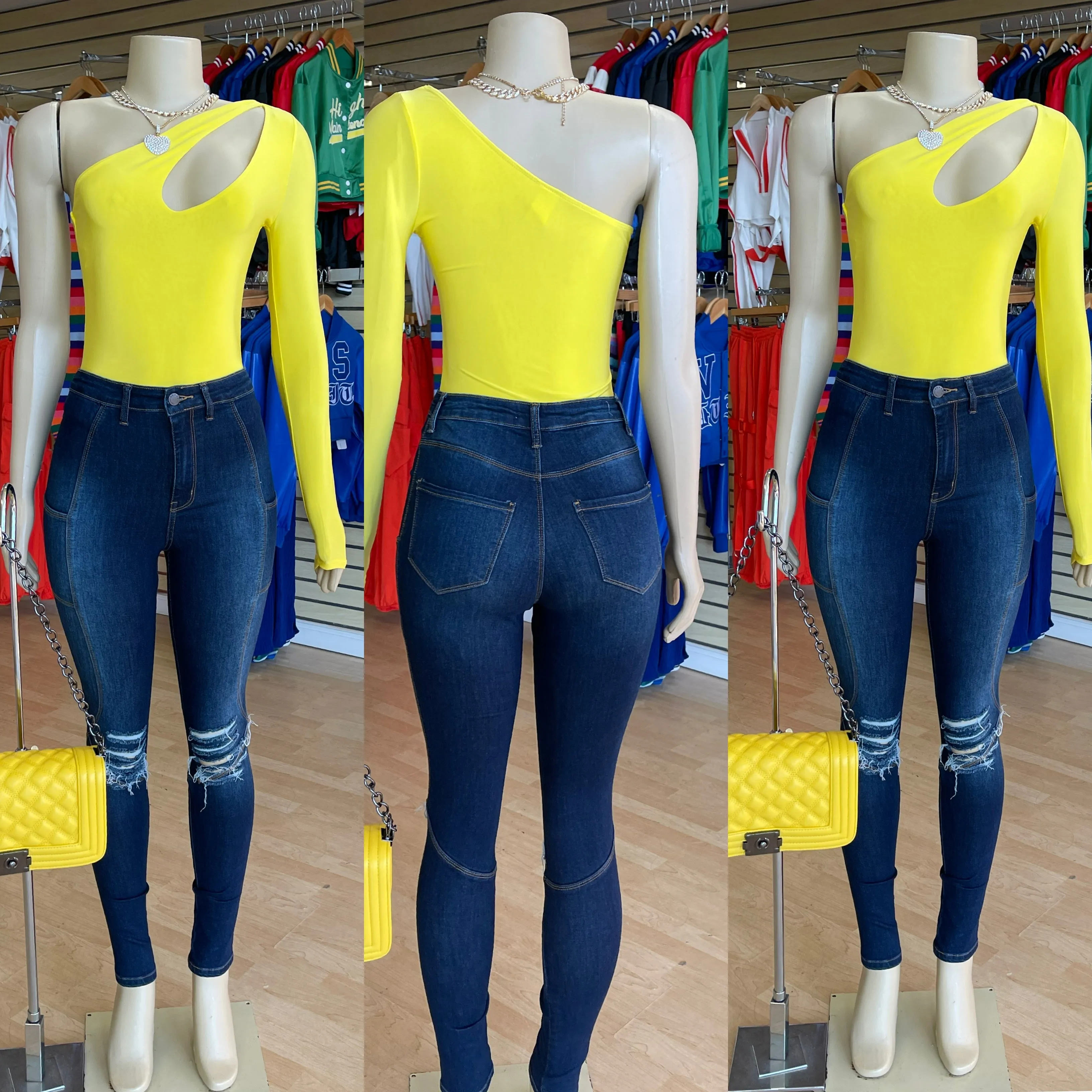 Shoulder Off  View Action Bodysuit ( Yellow)