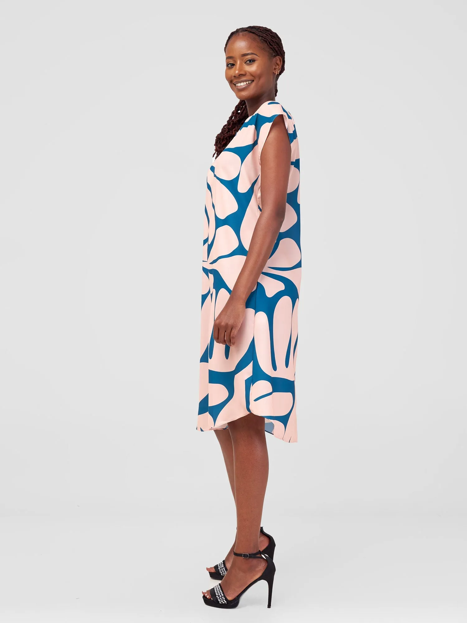 Vivo Zola Drop Shoulder Knee Length Dress - Teal / Peach Amari  Print